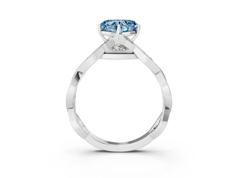 Fancy Blue Heart Cut Diamond Twist Band Solitaire Ring Set in White gold with Leaf Prong Setting and Accent Stones