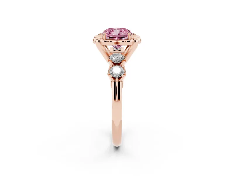 Cushion Cut Floral Engagement Ring Setting for a Fancy Pink Lab-Grown Diamond | Petal Frame and Side Stones | Rose Gold