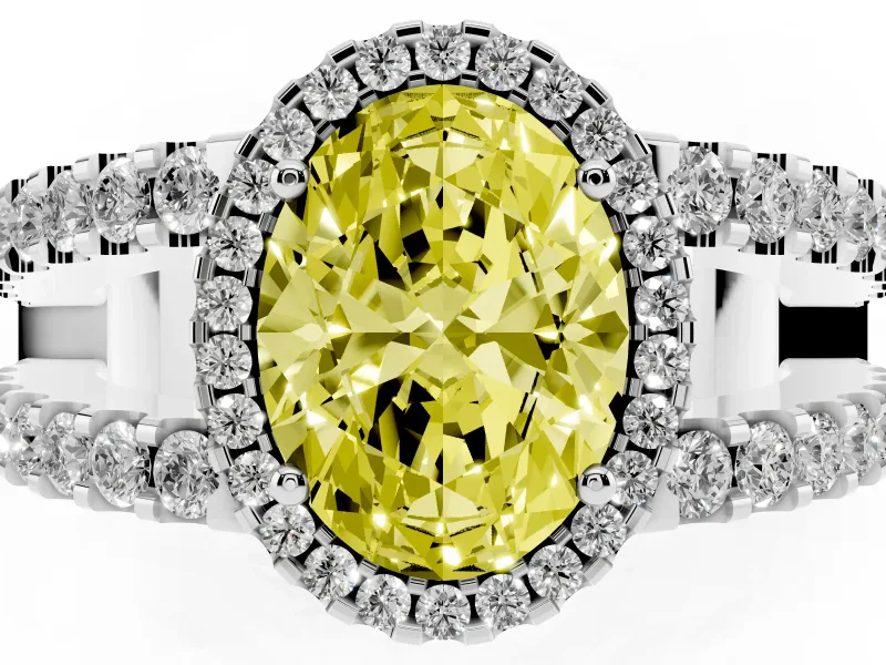 Fancy Yellow Oval Cut Diamond Halo Ring Set in Platinum with Pavé Split Shank and Prong Setting