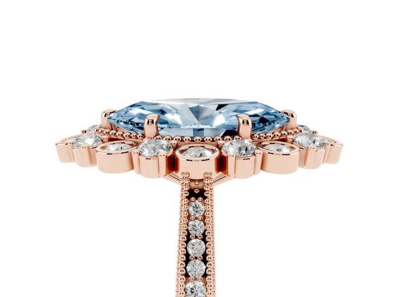 Fancy Blue Marquise Cut Diamond Halo Milgrain Pavé Ring Set in Rose gold with Prong Setting
