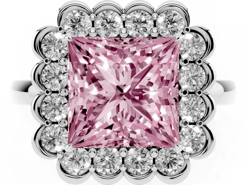 Princess Cut Scalloped Cluster Halo Engagement Ring Setting for a Fancy Pink Lab-Grown Diamond | Plain Band | Platinum