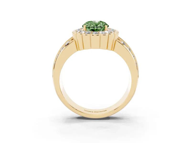 Fancy Green Oval Cut Diamond Scalloped Halo Ring Set in Yellow gold with Pavé Split Shank