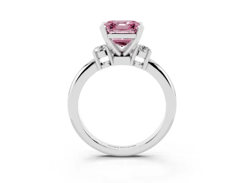 Asscher Cut Three Stone Engagement Ring Setting for a Fancy Pink Lab-Grown Diamond | Round Side Stones | Sterling Silver