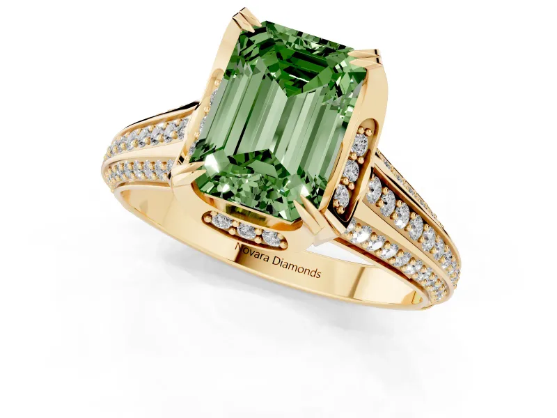 Emerald Cut Hidden Halo Engagement Ring Setting for a Fancy Green Lab-Grown Diamond | Triple Row Pavé Band | Yellow Gold