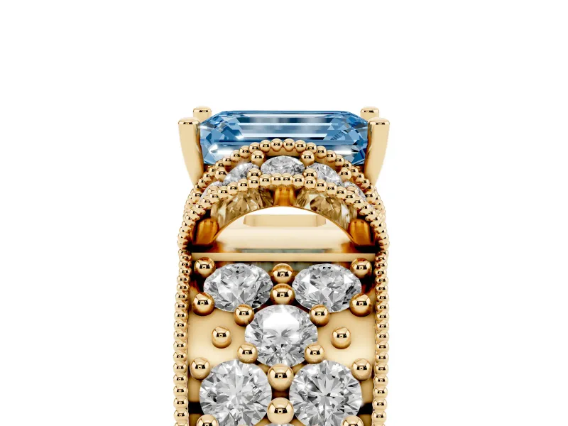 Emerald Cut Vintage Pave Engagement Ring Setting for a Fancy Blue Lab-Grown Diamond | Milgrain Edges | Yellow Gold