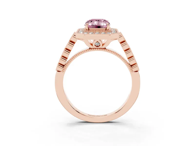 Emerald Cut Graduated Milgrain Halo Engagement Ring Setting for a Fancy Pink Lab-Grown Diamond | Rose Gold