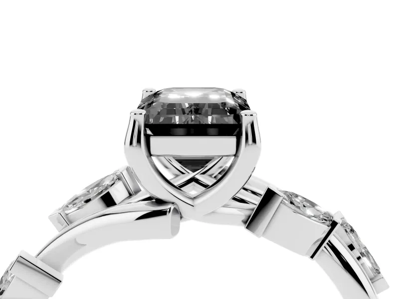 Fancy Black Emerald Cut Diamond Solitaire Ring Set in White gold with Twisted Marquise Accent Band