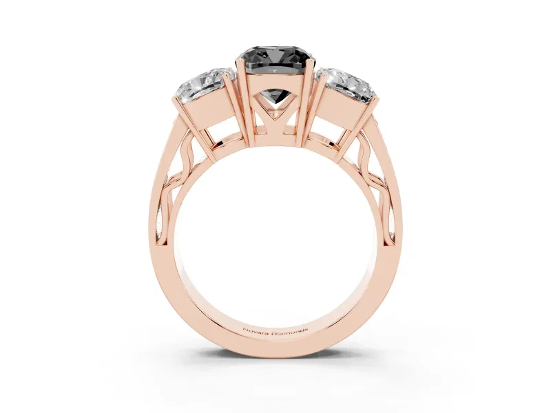 Fancy Black Cushion Cut Diamond Three-Stone Ring Set in Rose gold with Textured Band