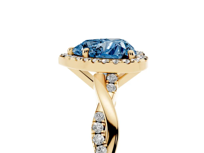 Heart-Shaped Twisted Halo Engagement Ring Setting for a Fancy Blue Lab-Grown Diamond | Yellow Gold