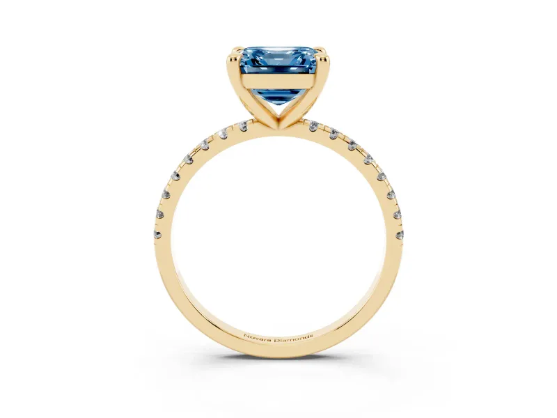 Fancy Blue Asscher Cut Diamond Brilliant Solitaire Ring Set in Yellow gold with Pavé Band and Prong Setting