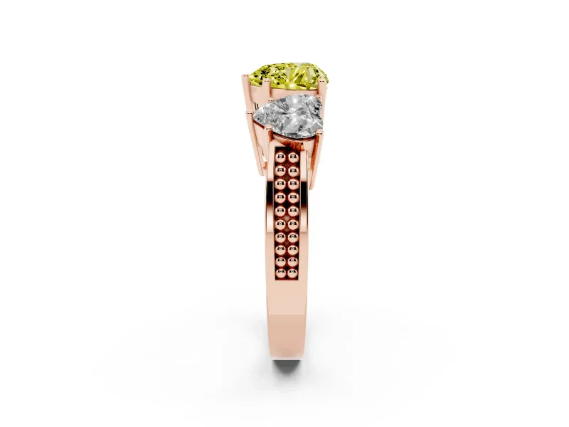 Heart-Shaped Three Stone Engagement Ring Setting for a Fancy Yellow Lab-Grown Diamond | Beaded Shoulders | Rose Gold