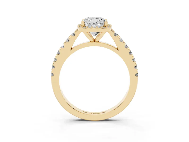 Cushion Cut Diamond Halo Engagement Ring Set in Yellow gold with Pavé Band and Prong Setting