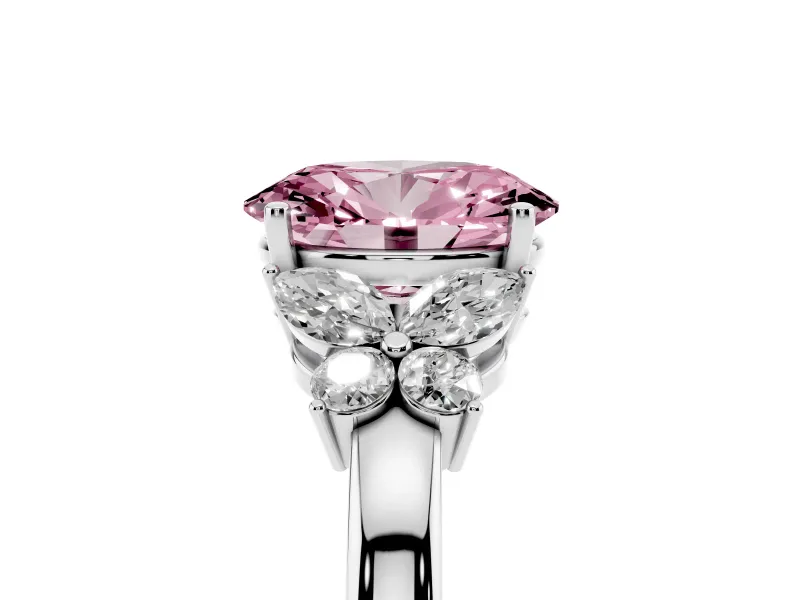 Fancy Pink Oval Cut Diamond Solitaire Floral Ring Set in Silver with Marquise Petals and Prong Setting