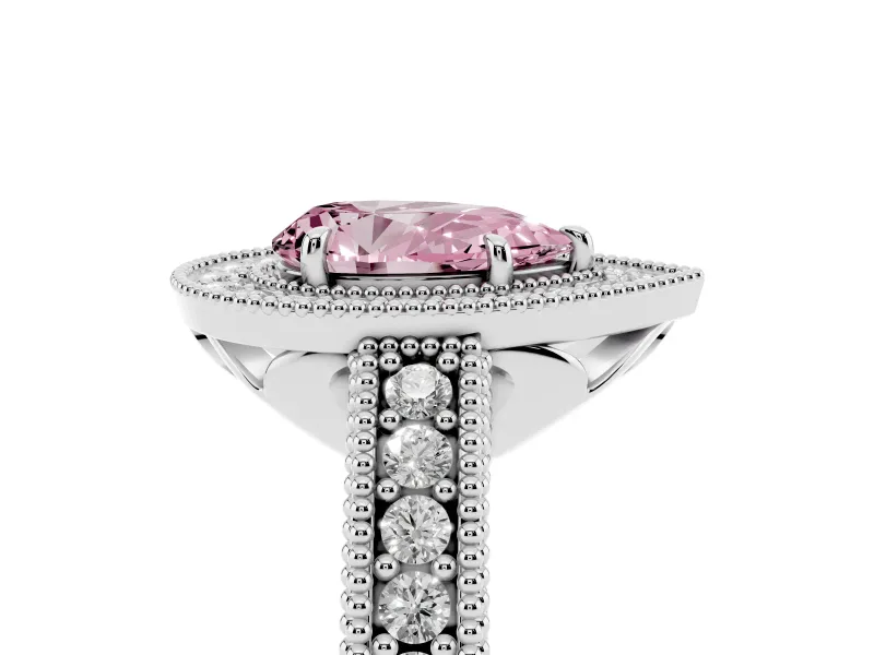 Fancy Pink Pear Cut Diamond Halo Ring Set in Platinum with Round Accent Halo, Pavé Band and Prong Setting