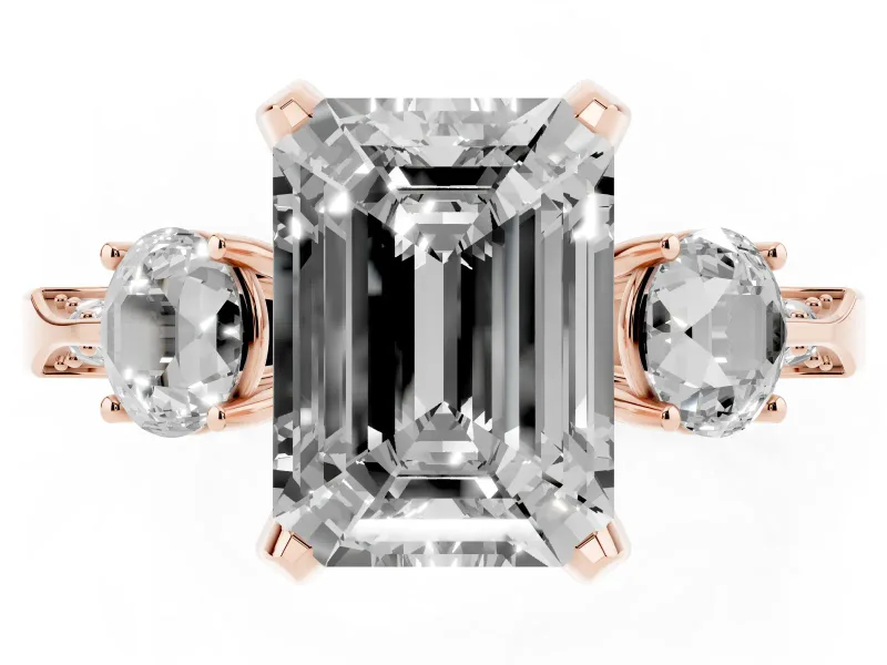 Emerald Cut Hidden Halo Three Stone Engagement Ring Setting for a Fancy Green Lab-Grown Diamond | Rose Gold