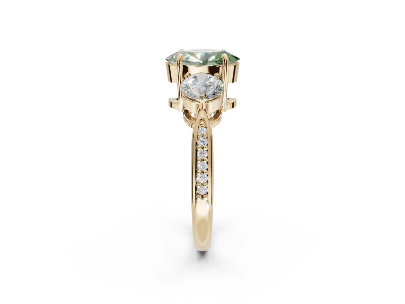 Oval Three Stone Engagement Ring Setting for a Fancy Green Lab-Grown Diamond | Tapered Pave Band | Yellow Gold