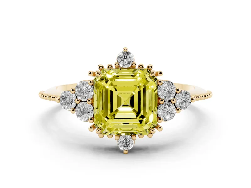 Fancy Yellow Asscher Cut Diamond Cluster Ring Set in Yellow gold with Beaded Band