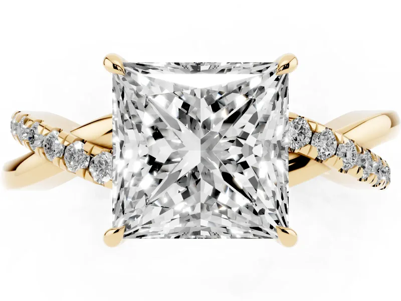 Princess Cut Crossover Pave Solitaire Engagement Ring Setting | Twisted Shoulders | Yellow Gold