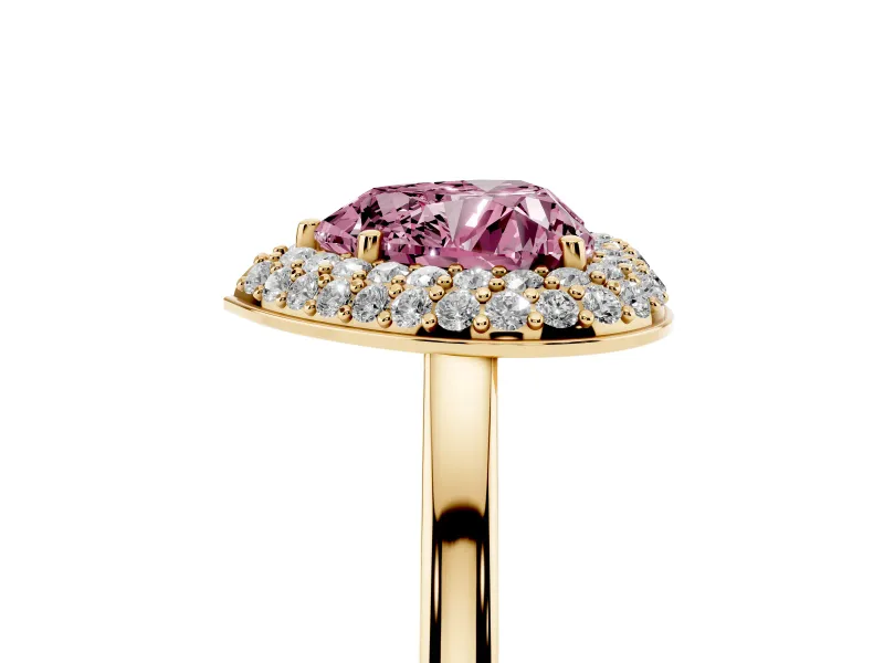 Fancy Pink Heart Cut Diamond Halo Engagement Ring Set in Yellow gold with Solitaire Band and Prong Setting