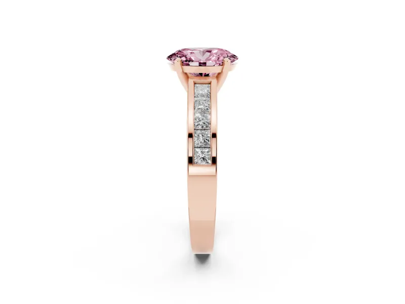 Fancy Pink Oval Cut Diamond Solitaire Ring Set in Rose gold with Channel-Set Band and Prong Setting