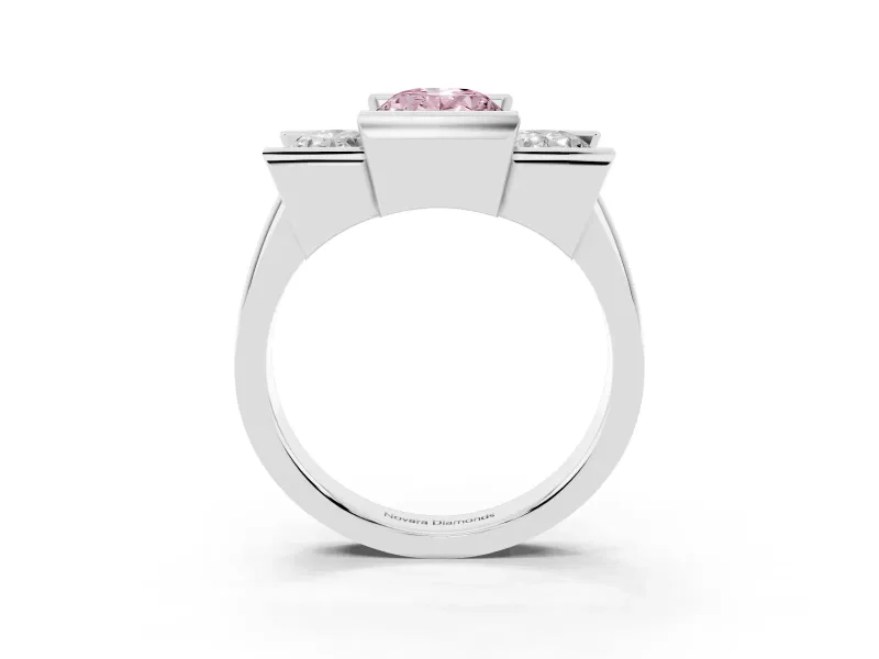 Fancy Pink Oval Cut Diamond Three-Stone Channel Set Ring Set in Platinum with Smooth Polished Band