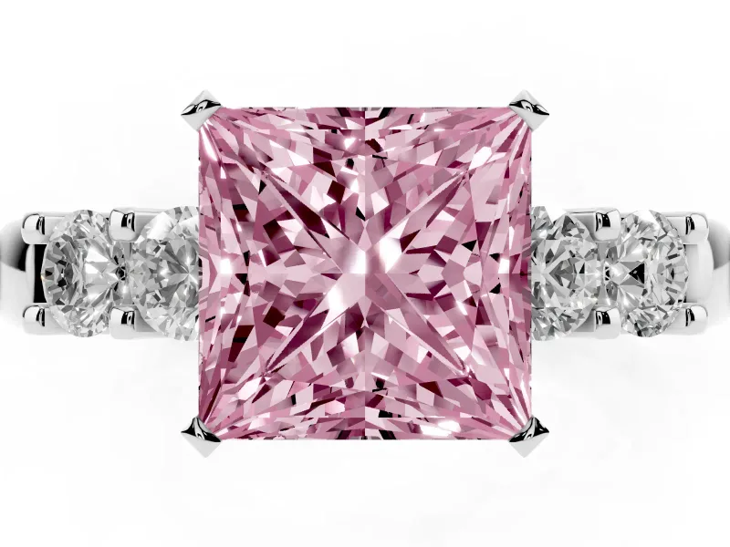 Fancy Pink Princess Cut Diamond Five-Stone Prong Set Engagement Ring Set in Silver with Channel Band
