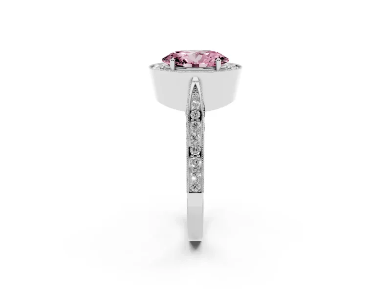 Oval Vintage Milgrain Halo Engagement Ring Setting for a Fancy Pink Lab-Grown Diamond | Side Stones and Pave | Platinum