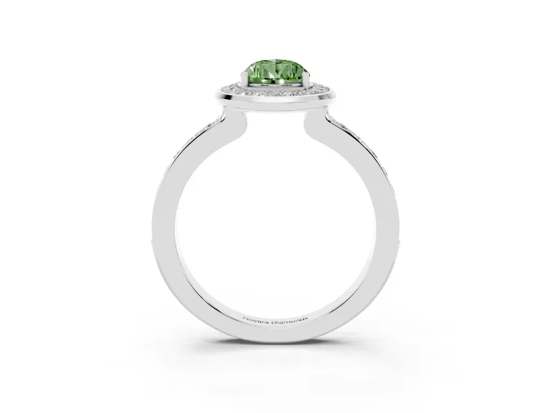 Fancy Green Pear Cut Diamond Halo Ring Set in White gold with Bezel Frame and Pavé Band