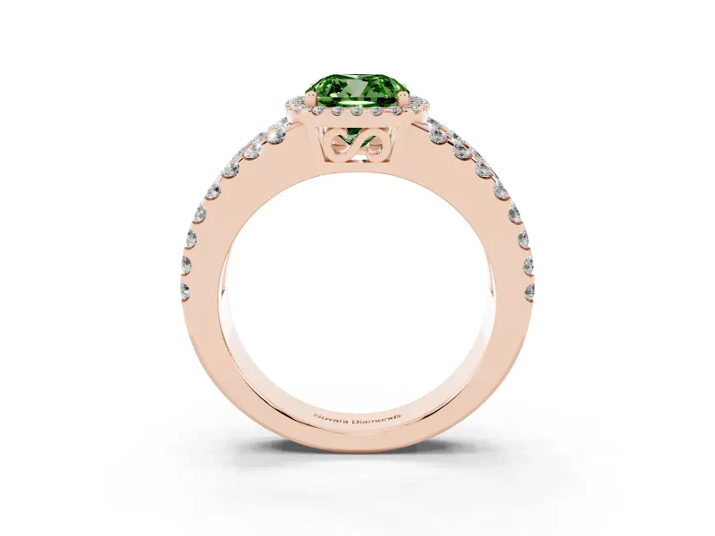 Fancy Green Cushion Cut Diamond Halo Ring Set in Rose gold with Pavé Split Shank and Prong Setting