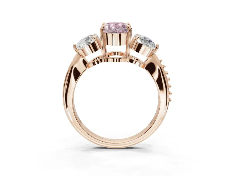 Oval Three Stone Engagement Ring Setting for a Fancy Pink Lab-Grown Diamond | Tapered Pave Band | Rose Gold