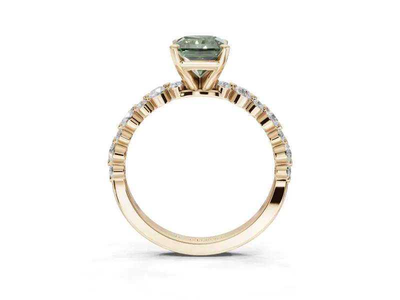 Radiant Cut Pavé Engagement Ring Setting for a Fancy Green Lab-Grown Diamond | Alternating Accents | Yellow Gold