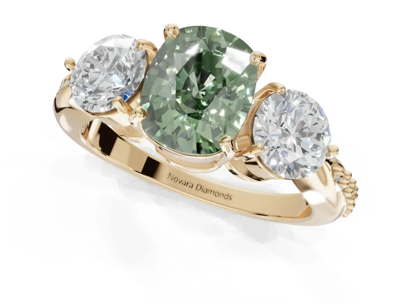 Cushion Cut Three Stone Engagement Ring Setting for a Fancy Green Lab-Grown Diamond | Tapered Pave Band | Yellow Gold