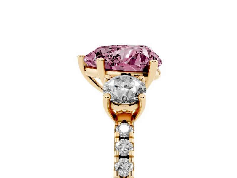 Heart-Shaped Three Stone Engagement Ring Setting for a Fancy Pink Lab-Grown Diamond | Pave Shoulders | Yellow Gold
