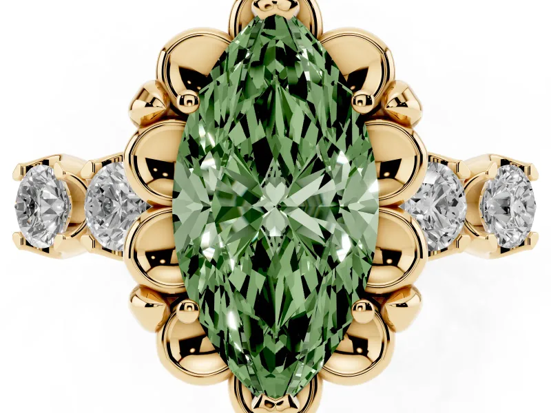 Marquise Floral Engagement Ring Setting for a Fancy Green Lab-Grown Diamond | Petal Frame and Side Stones | Yellow Gold