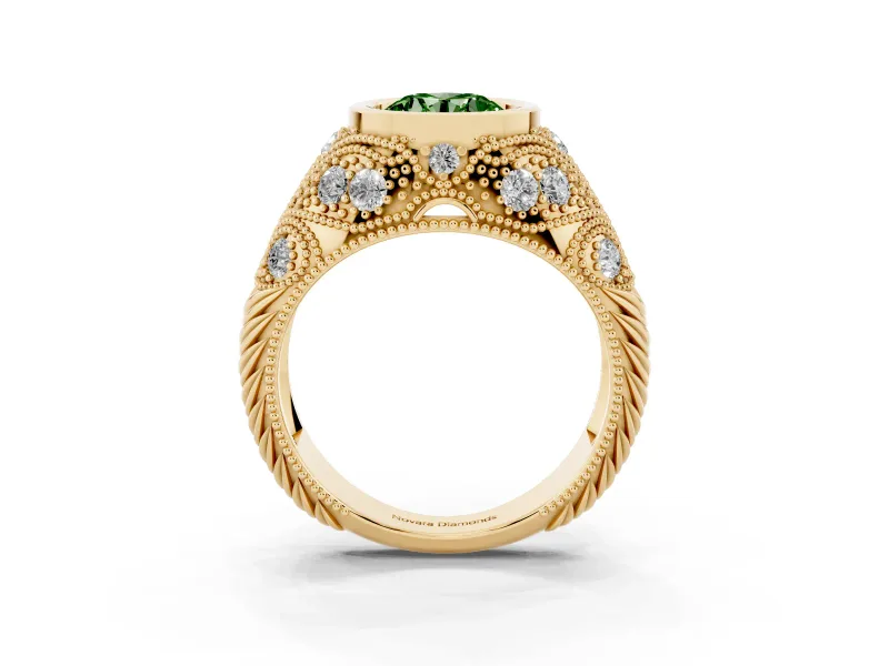 Fancy Green Round Cut Diamond Bezel Ring Set in Yellow gold with Milgrain Accent Band