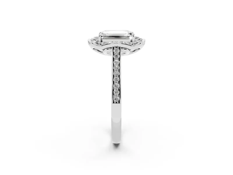 Emerald Cut Petal Tip Halo Engagement Ring Setting | Single Row Pavé Band | Sterling Silver