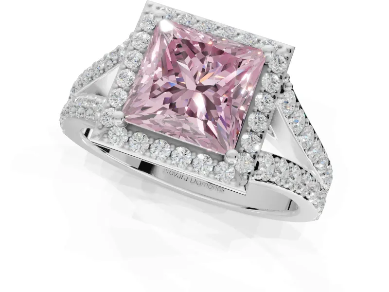 Princess Cut Halo Pavé Engagement Ring Setting for a Fancy Pink Lab-Grown Diamond | Narrow Split Shank | White Gold