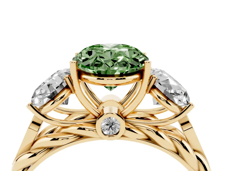 Oval Three Stone Engagement Ring Setting for a Fancy Green Lab-Grown Diamond | Braided Band | Yellow Gold