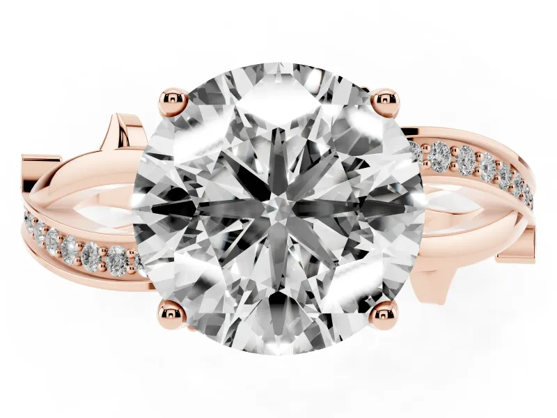 Round Cut Diamond Pavé Twist Band Solitaire Ring Set in Rose gold with Prong Setting
