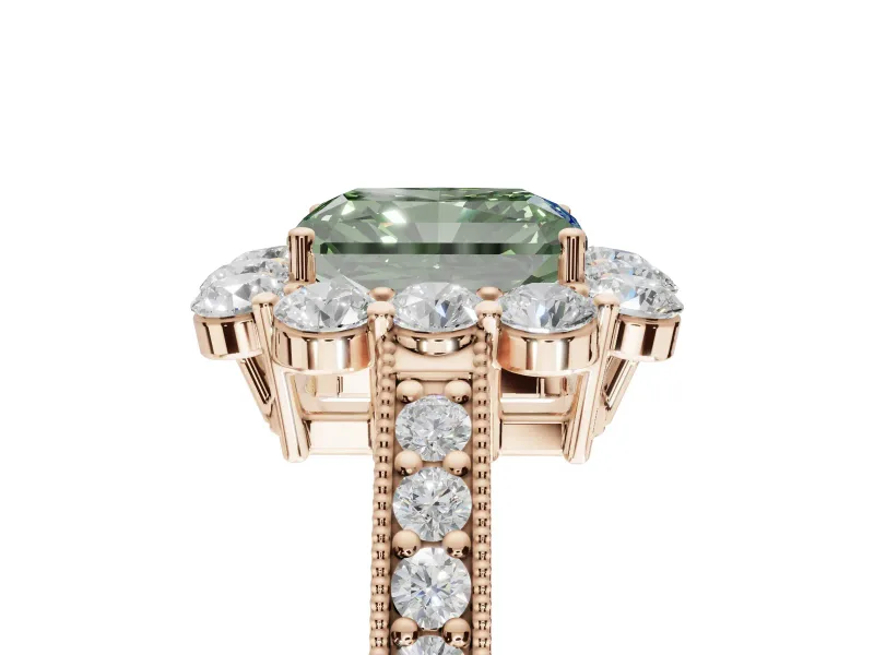 Radiant Cut Vintage Halo Engagement Ring Setting for a Fancy Green Lab-Grown Diamond | Milgrain Channel Band | Rose Gold