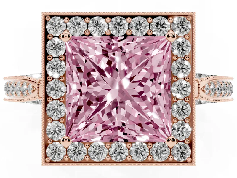 Princess Cut Milgrain Halo Engagement Ring Setting for a Fancy Pink Lab-Grown Diamond | Side Stones | Rose Gold