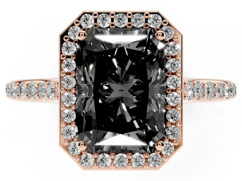 Radiant Cut Pavé Halo Engagement Ring Setting for a Black Center | Rose Gold