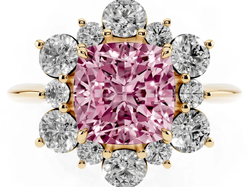 Cushion Cut Cluster Halo Engagement Ring Setting for a Fancy Pink Lab-Grown Diamond | Yellow Gold