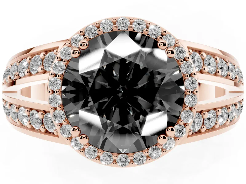 Round Halo Engagement Ring Setting for a Black Center | Two-Row Pavé Split Shank | Rose Gold