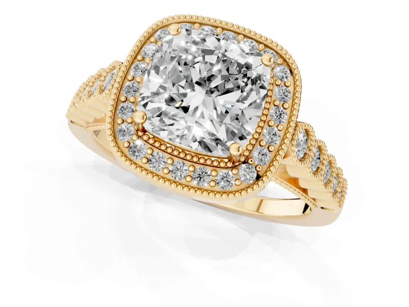 Cushion Cut Milgrain Halo Engagement Ring Setting | Graduated Bezel Accents | Yellow Gold