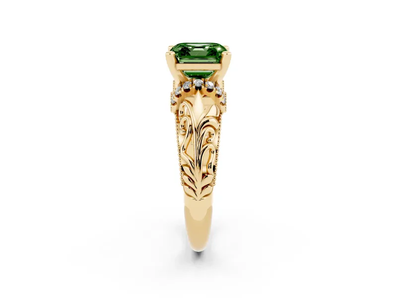 Fancy Green Asscher Cut Diamond Filigree Halo Engagement Ring Set in Yellow gold with Prong Setting