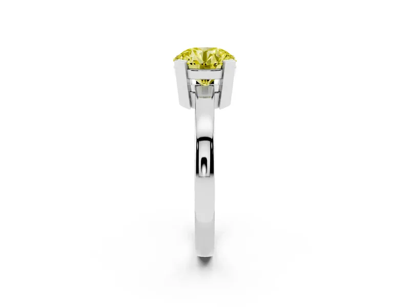 Fancy Yellow Round Cut Diamond Solitaire Ring Set in Silver with Prong Head and Smooth Polished Band