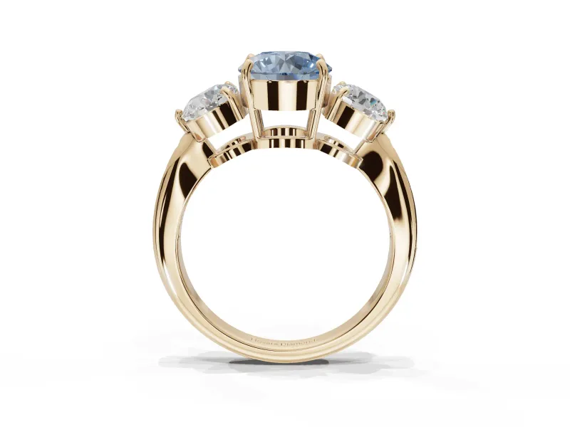 Round Three Stone Engagement Ring Setting for a Fancy Blue Lab-Grown Diamond | Tapered Pave Band | Yellow Gold