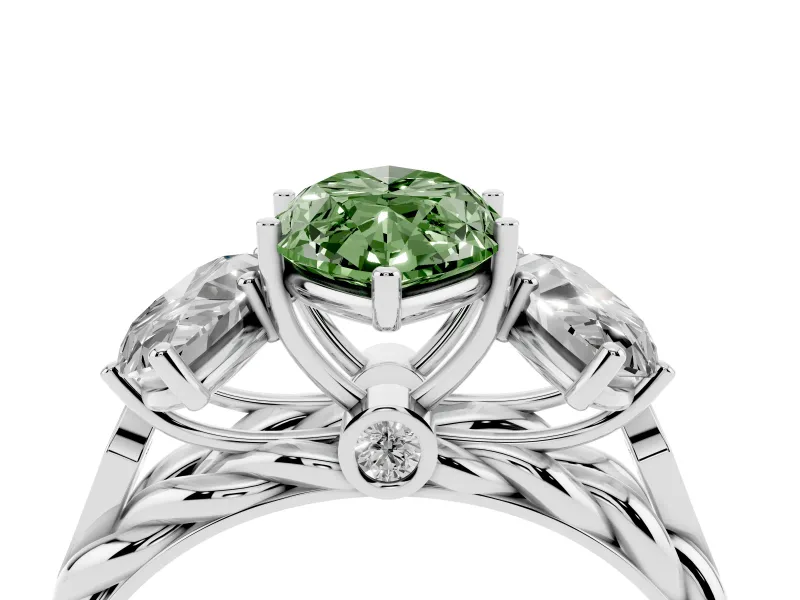 Fancy Green Marquise Cut Diamond Three-Stone Ring Set in White gold with Braided Band