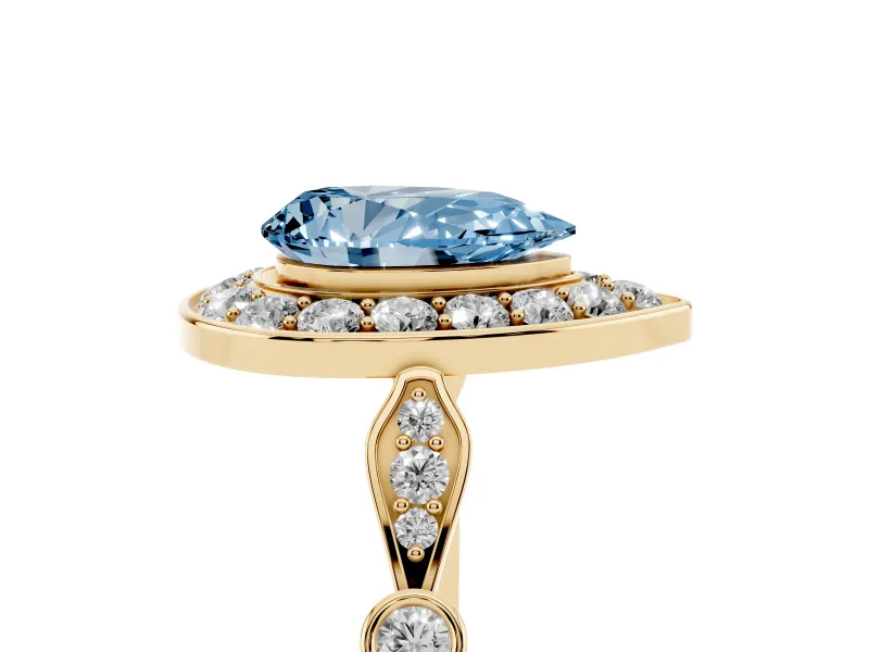 Fancy Blue Pear Cut Diamond Halo Engagement Ring Set in Yellow gold with Twisted Band and Prong Setting